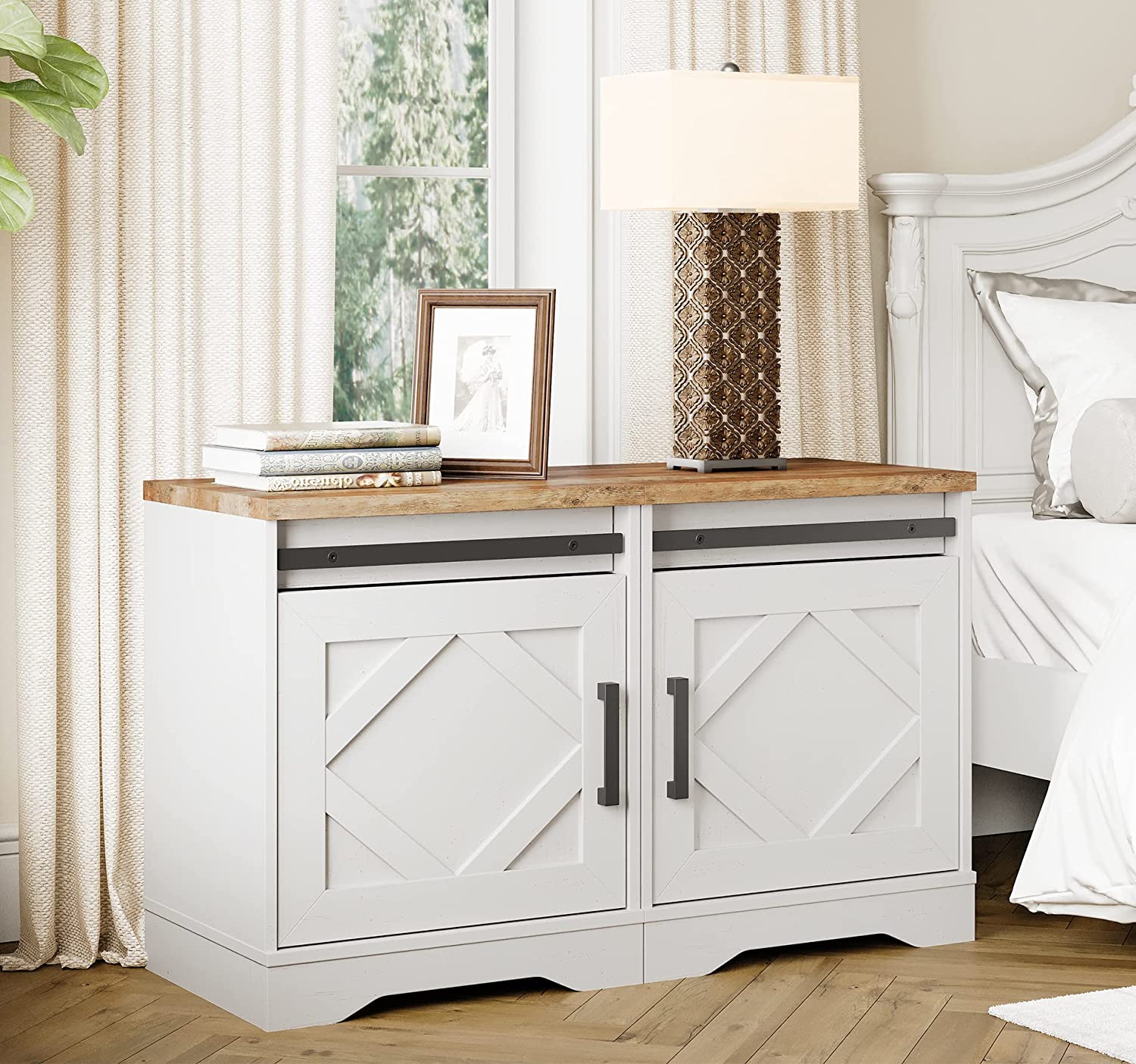 WAMPAT 19.6" End Table, Pedestal Side Table with Drawer and Cabinet Wood Bedside Table Nightstands for Living Room Bedroom, Cream White