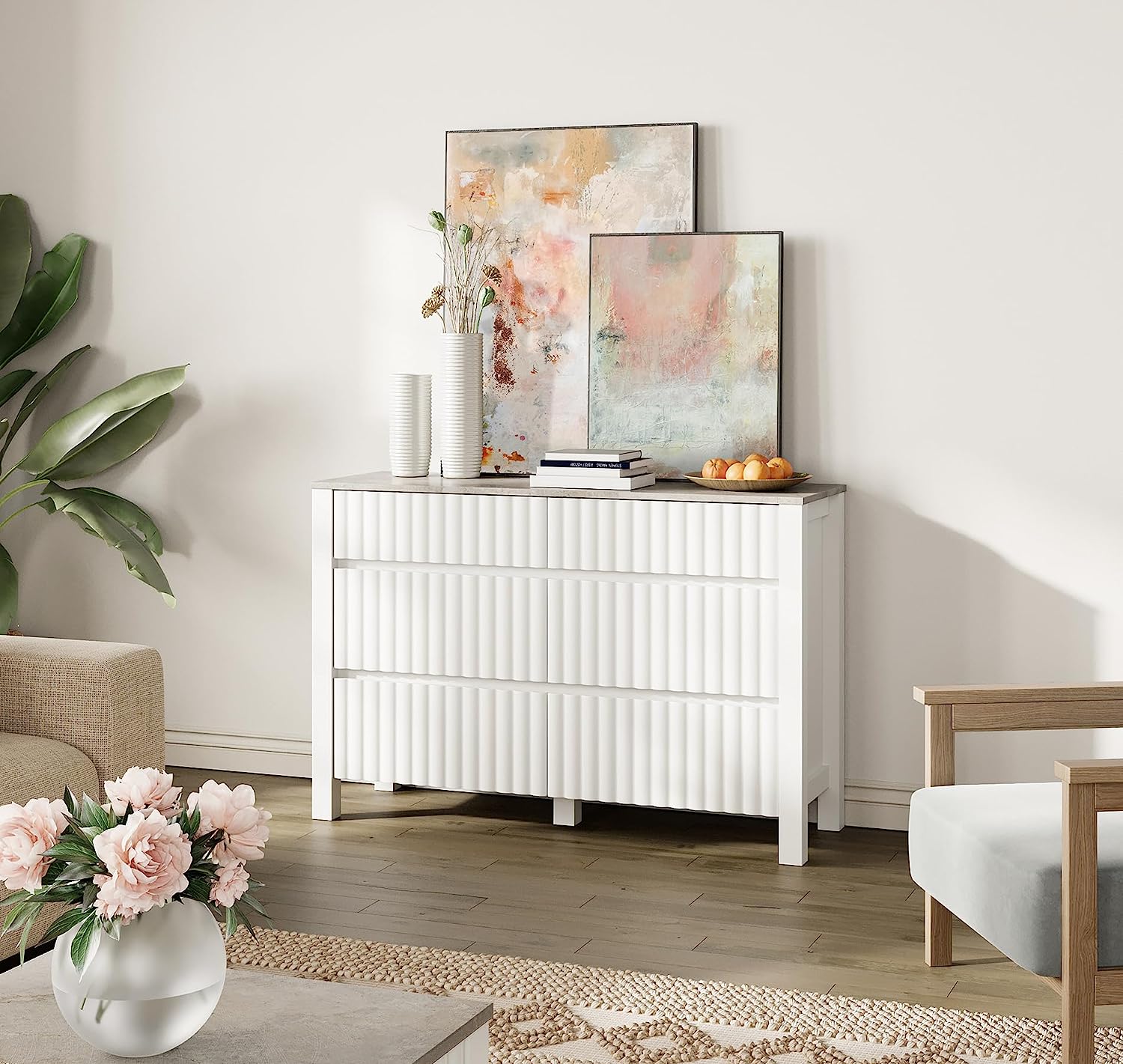 WAMPAT 47" Dresser for Bedroom with 6 Drawers, Modern White Kids Chests & Dressers Wood Storage Cabinet Organizer for Living Room, Nursery
