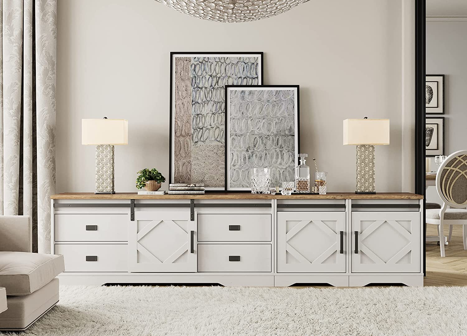 WAMPAT 98" Farmhouse TV Stand for up to 110" TVs Wood TV Cabinet with Drawers and Adjustable Shelf for Living Room, Cream White