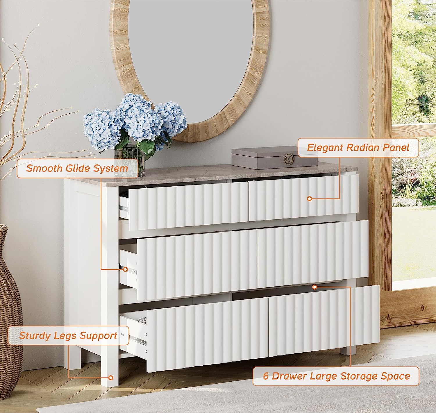 WAMPAT 47" Dresser for Bedroom with 6 Drawers, Modern White Kids Chests & Dressers Wood Storage Cabinet Organizer for Living Room, Nursery