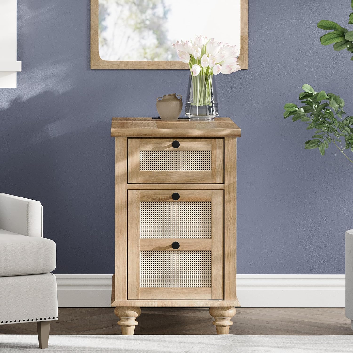 WAMPAT End Table with Charging Station, Wood Side Sofa Table Rattan Weaving Nightstand for Living Room Bedroom, Oak