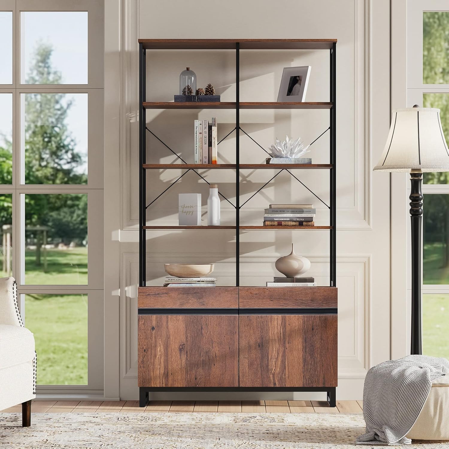 WAMPAT 73" Tall Bookshelf w/Storage Cabinet, Modern Book Shelf Organizers, Industrial Style Bookcases Furniture for Bedroom, Living Room, Home Office