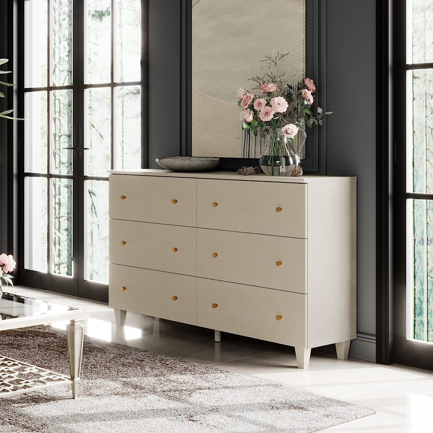 WAMPAT 47" Wooden Wide Chest of Drawers, Modern Closet Storage Organizer Unit, 6 Drawers Dresser for Nursery, Living Room Bedroom, Beige