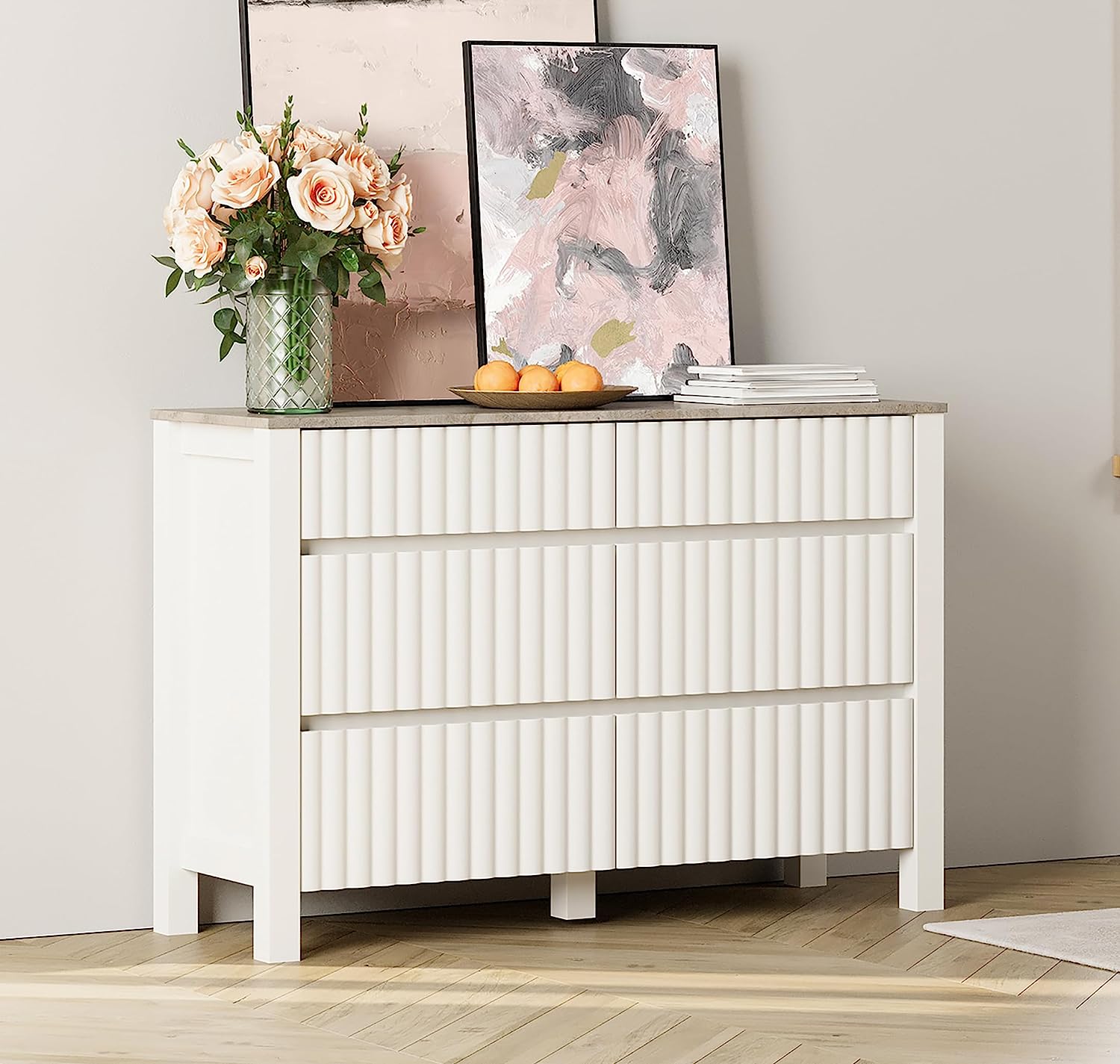 WAMPAT 47" Dresser for Bedroom with 6 Drawers, Modern White Kids Chests & Dressers Wood Storage Cabinet Organizer for Living Room, Nursery
