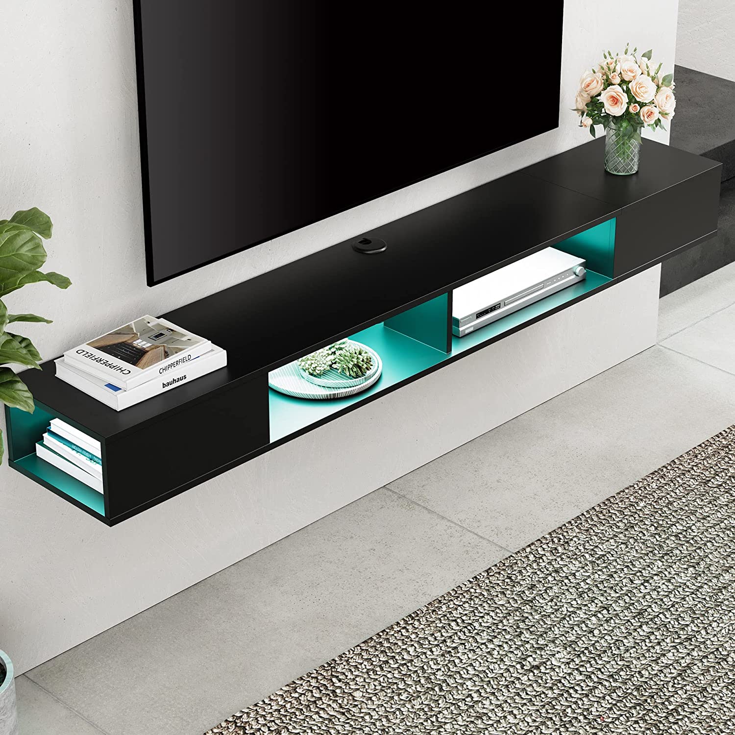 WAMPAT 70" Floating TV Shelf with 16-Color LED Light, Floating TV Stand Wall Mounted with Storage Space for 75 inch TV, Black