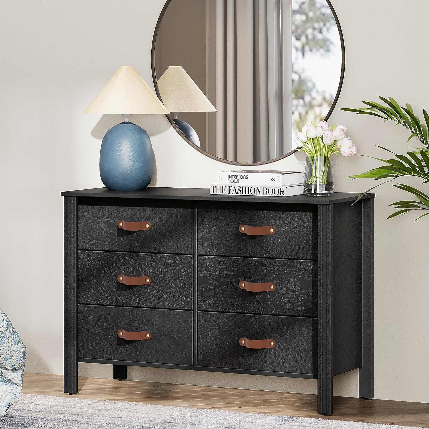 WAMPAT Dresser TV Stand, Wood Entertainment Center with 6 Fabric Drawers, Chest of Drawers for Living Room, Bedroom, Hallway