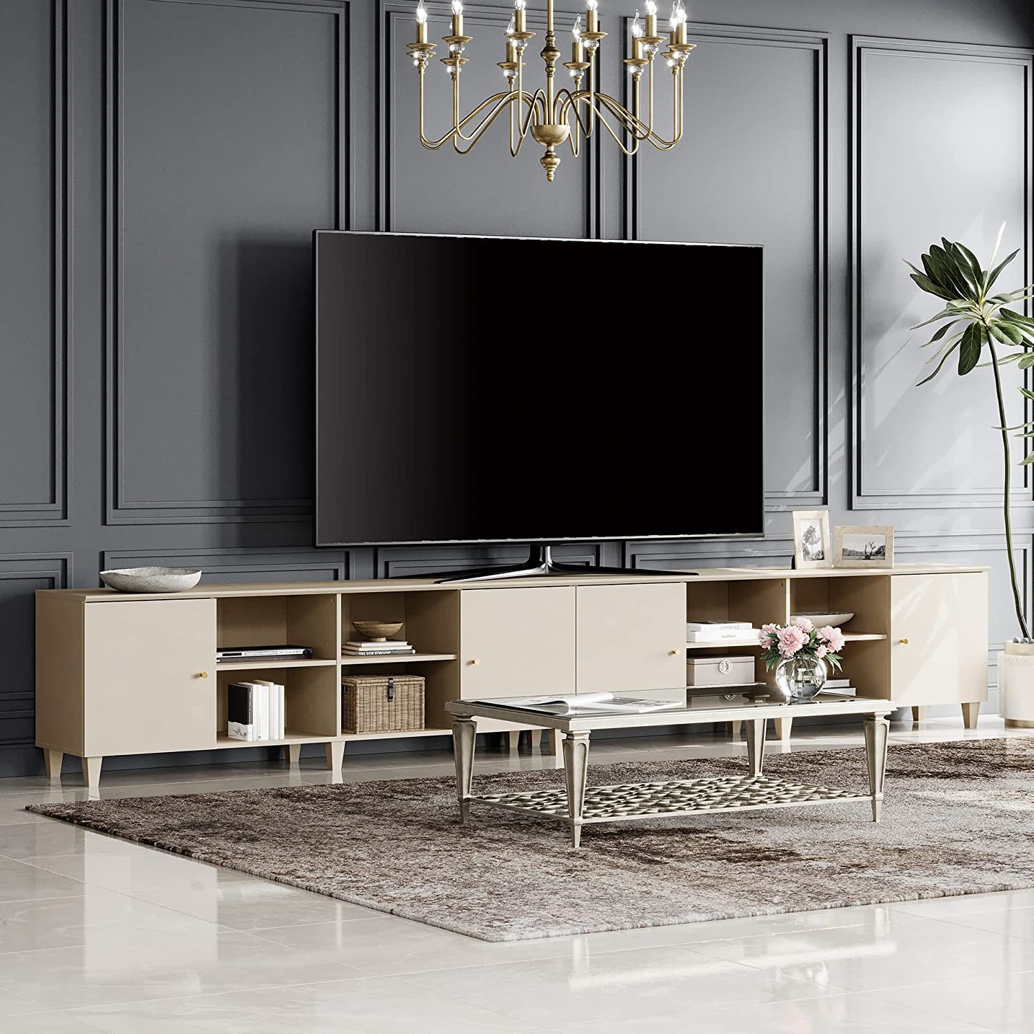 WAMPAT Set of 2 Mid-Century Modern TV Stand, Entertainment Center with Door Storage and Open Shelf for up to 100 Inch TV, Whitewash