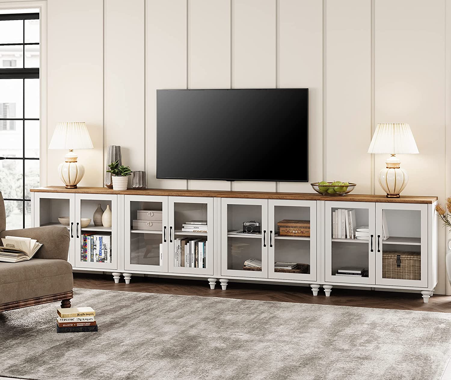 WAMPAT Large LED TV Stand for 75/80/85/90/100 Inch TV, 4-in-1 Kitchen Buffet Cabinet with Glass Door for Dining Room & Living Room, Off White