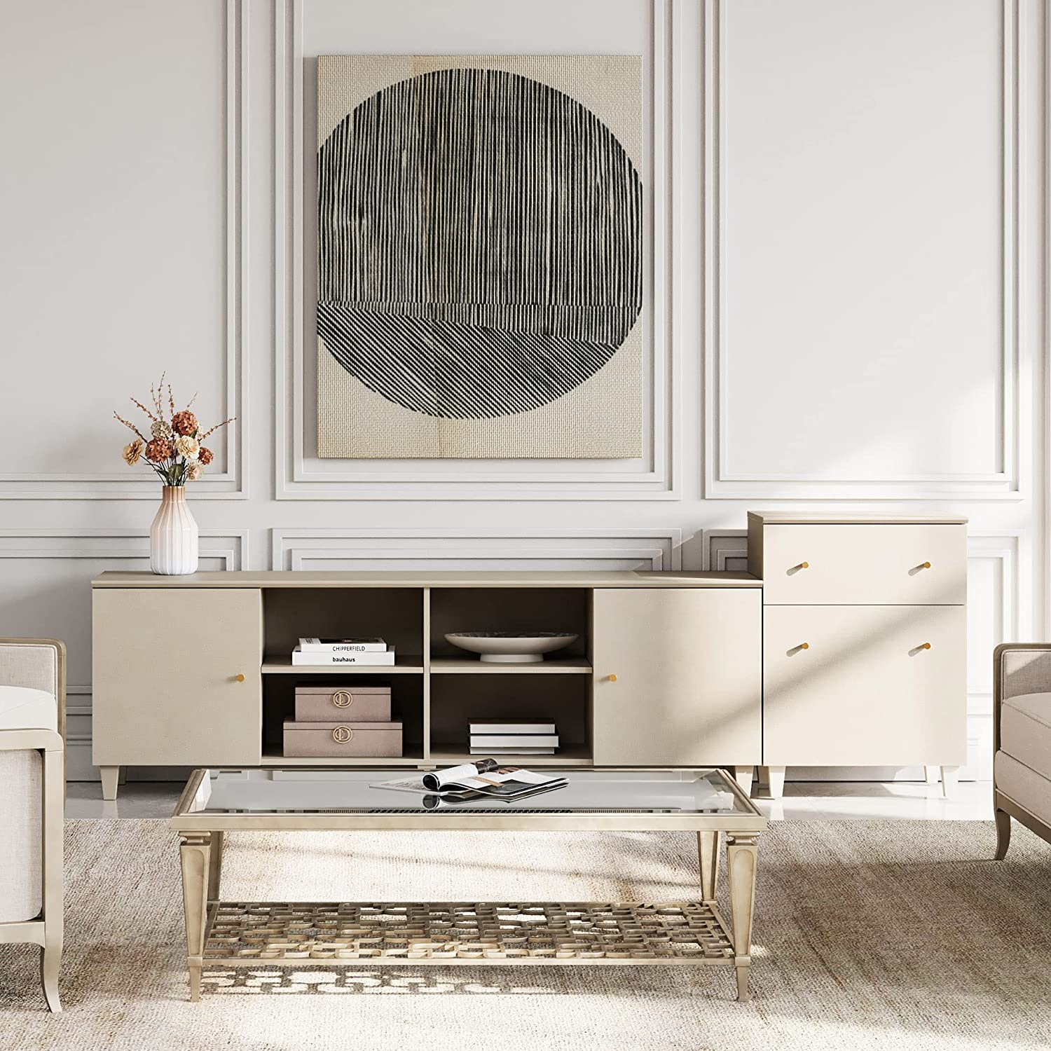 WAMPAT 32.4" H Storage Cabinet for Living Room, Freestanding Wood Accent Cabinets for Dining Room, Entryway, Beige Fabric Texture Finish