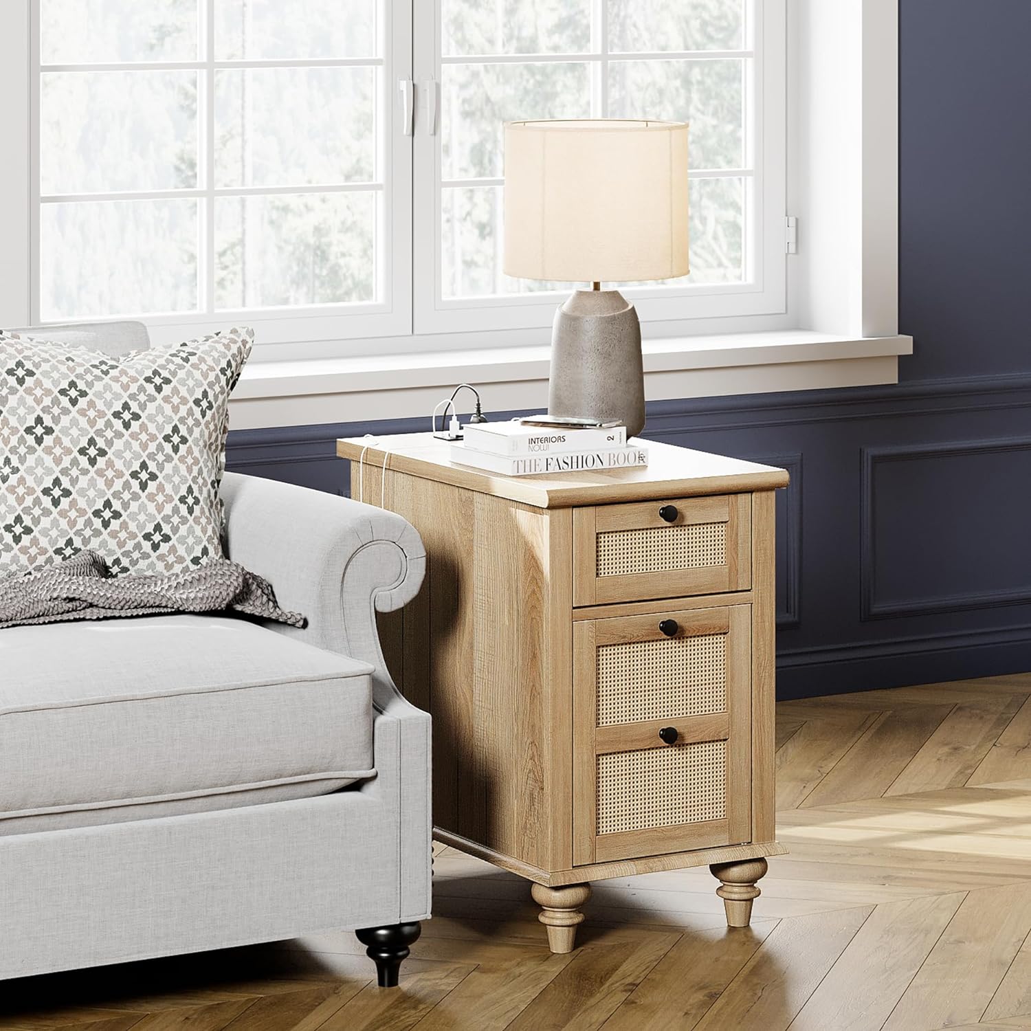 WAMPAT End Table with Charging Station, Wood Side Sofa Table Rattan Weaving Nightstand for Living Room Bedroom, Oak