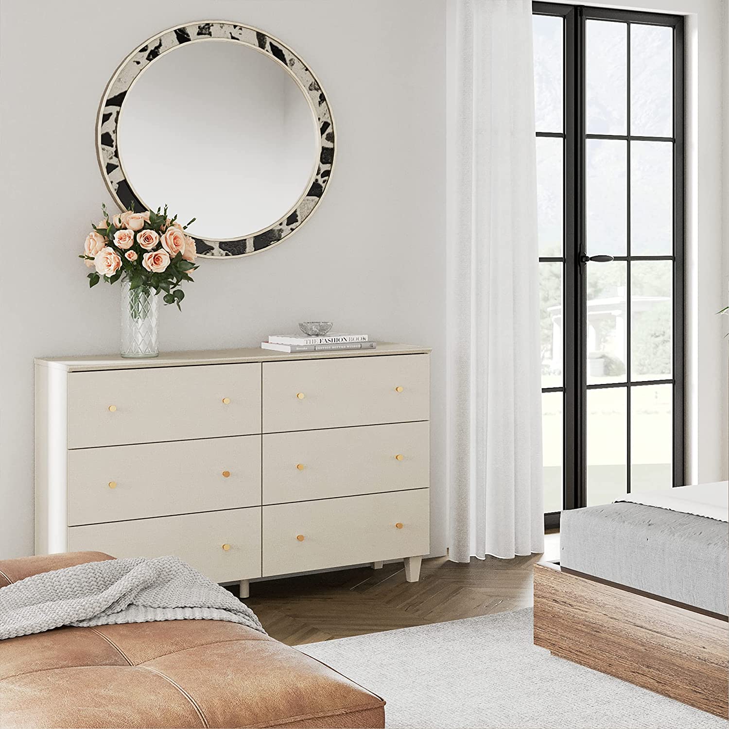 WAMPAT 47" Wooden Wide Chest of Drawers, Modern Closet Storage Organizer Unit, 6 Drawers Dresser for Nursery, Living Room Bedroom, Beige