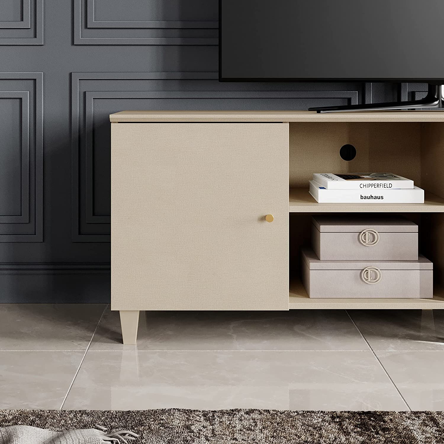 WAMPAT 70" Mid-Century Modern TV Stand, Entertainment Center with Door Storage & Open Shelf for up to 75 Inch TV, Whitewash