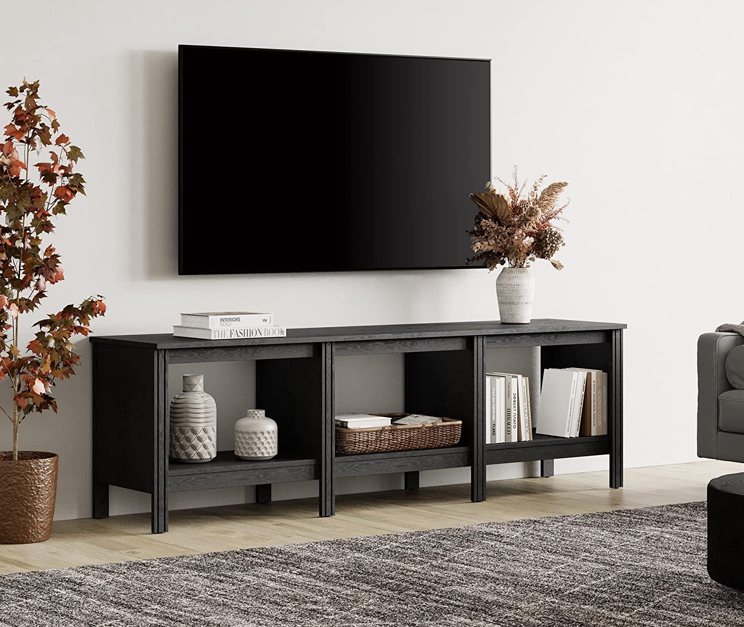 WAMPAT 70.8" Farmhouse TV Stand for 75 Inch TV, Wood Entertainment Center for 70 65 55 inch TV, Black