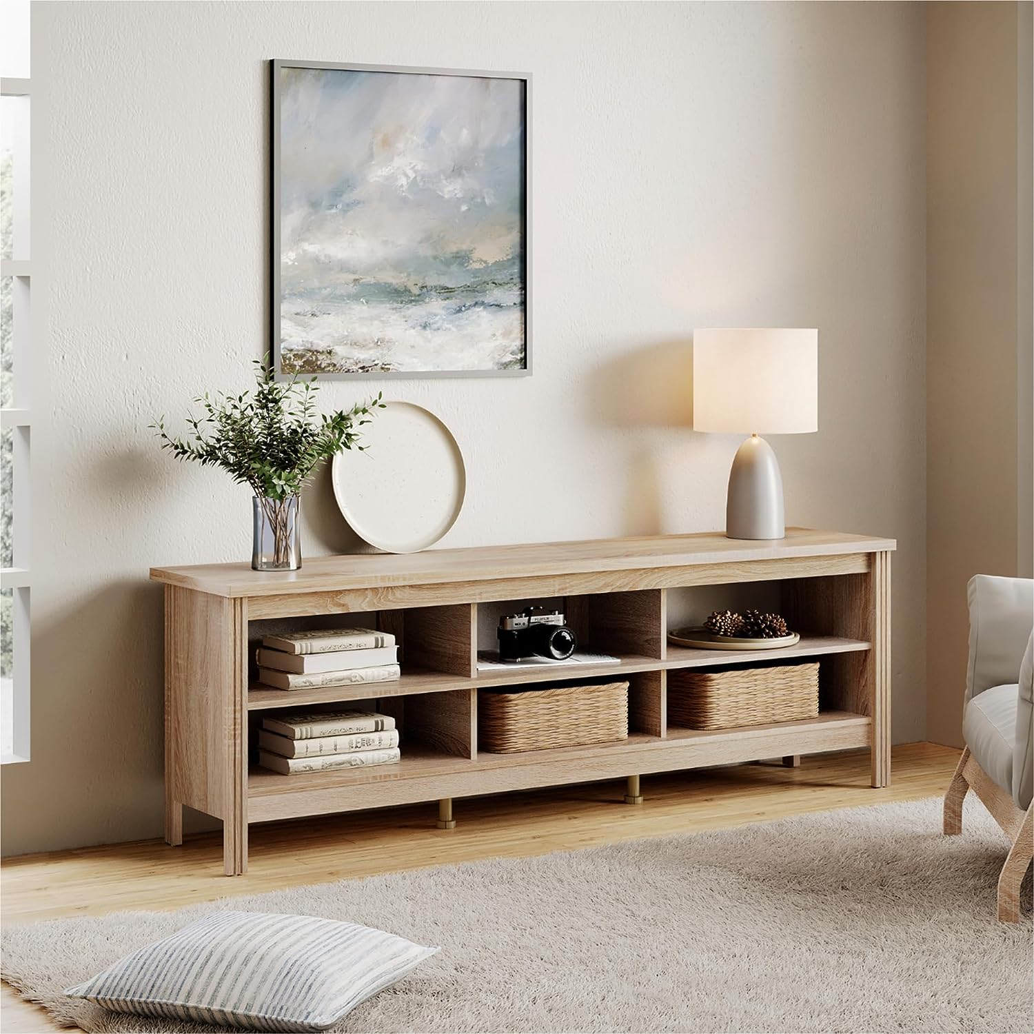 WAMPAT 70" TV Stand for 75 inch TV Entertainment Center, Wood TV Console Media Table for Living Room Bedroom, White Oak