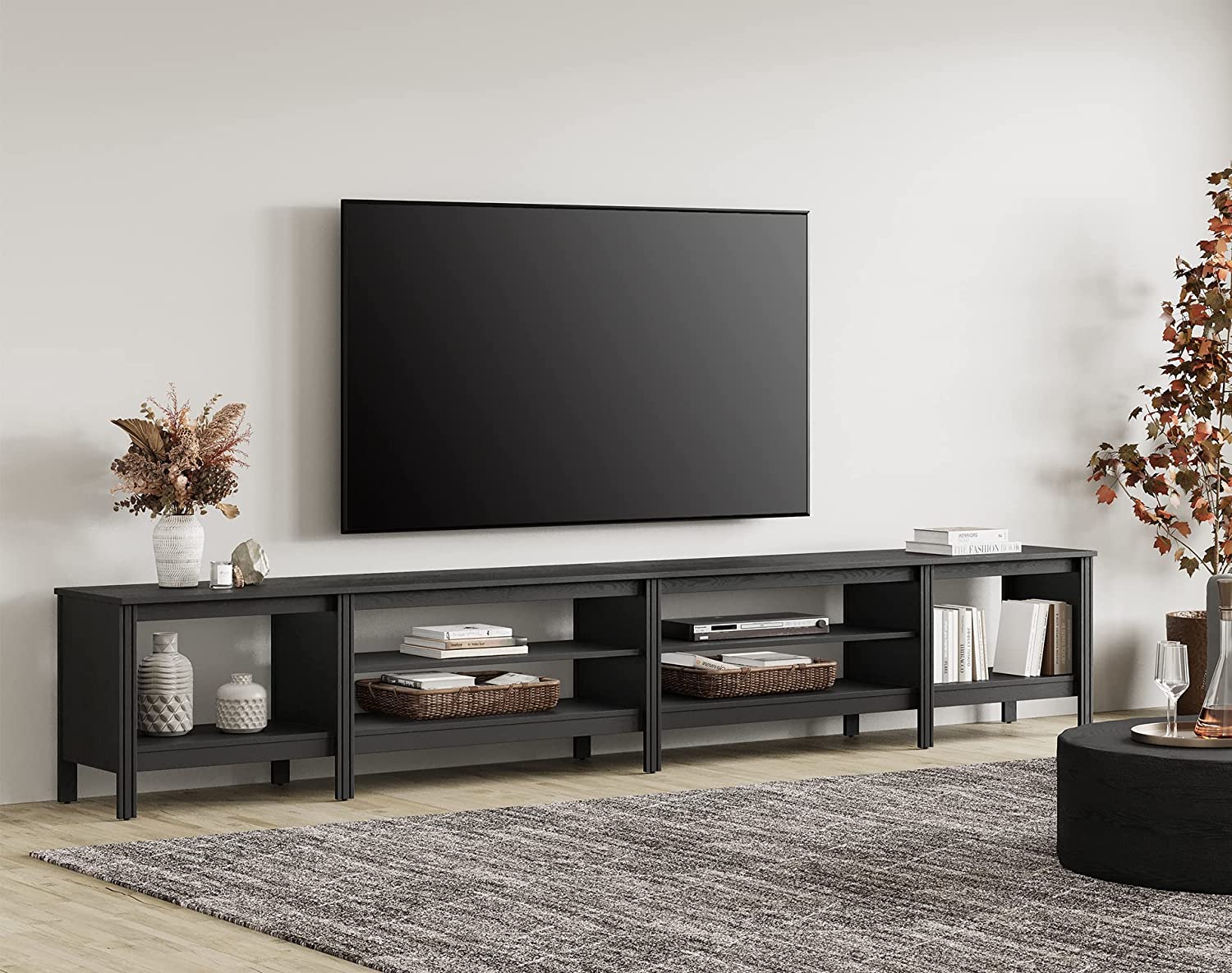 WAMPAT 118" Farmhouse TV Stand for 85 Inch TV, Black Wood Entertainment Center for 80 85 90 100 inch TV