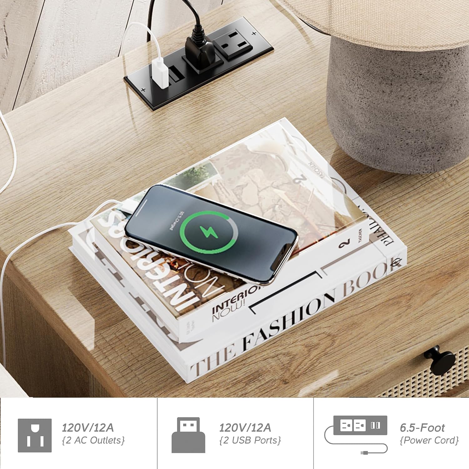 WAMPAT End Table with Charging Station, Wood Side Sofa Table Rattan Weaving Nightstand for Living Room Bedroom, Oak