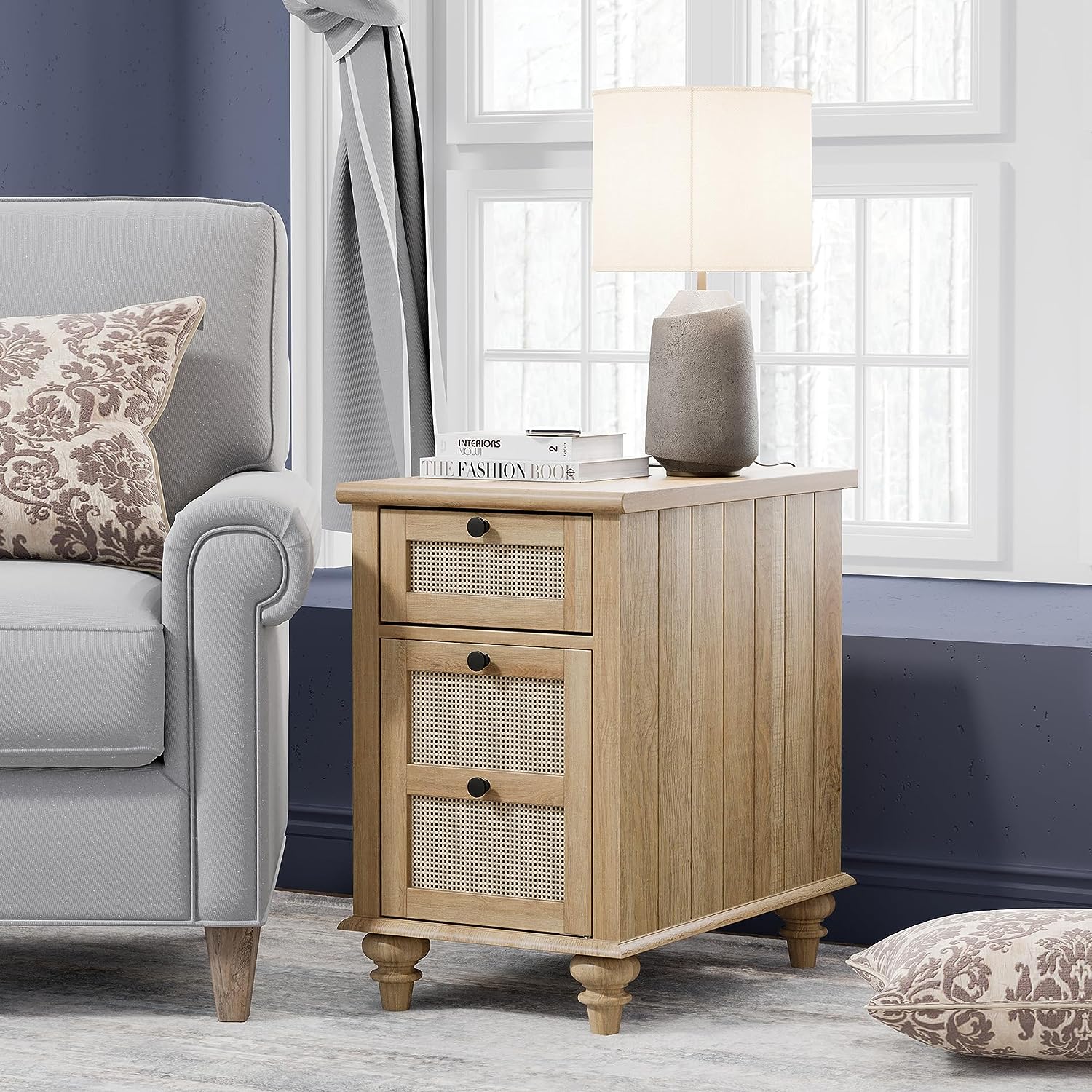 WAMPAT End Table with Charging Station, Wood Side Sofa Table Rattan Weaving Nightstand for Living Room Bedroom, Oak