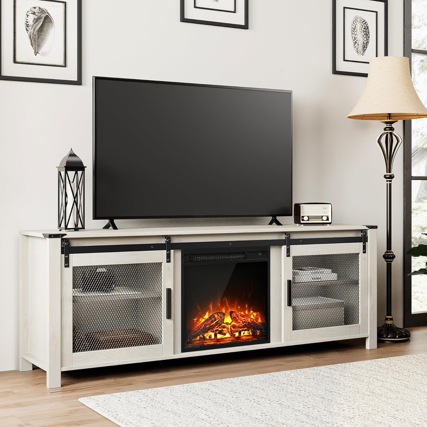 WAMPAT Fireplace TV Stand for 65+ Inch TV, Farmhouse Highboy Entertainment Center with 23" Electric Fireplace