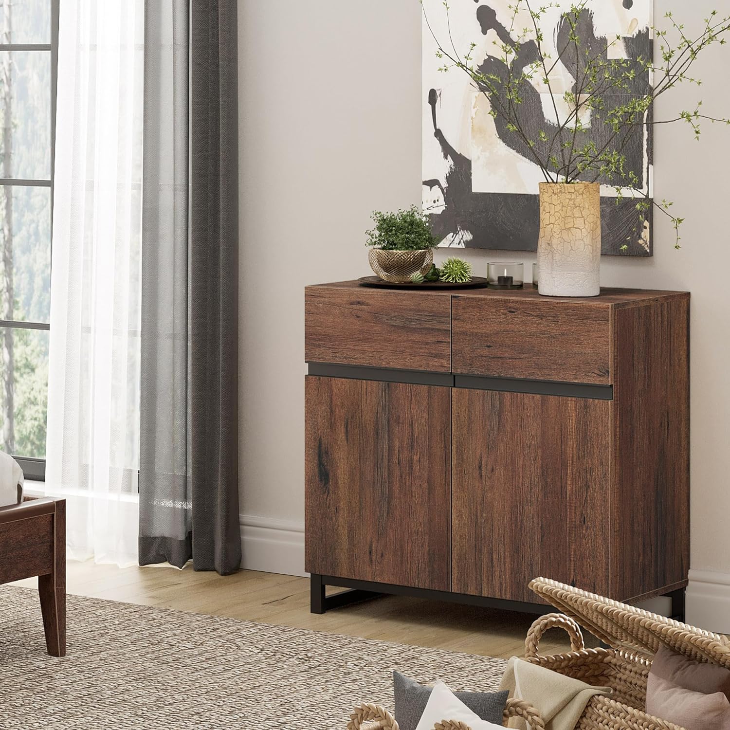 WAMPAT Storage Cabinet, Modern Sideboard with Adjustable Shelf & Metal Base, Coffee Bar Cabinet for Living Room, Brown