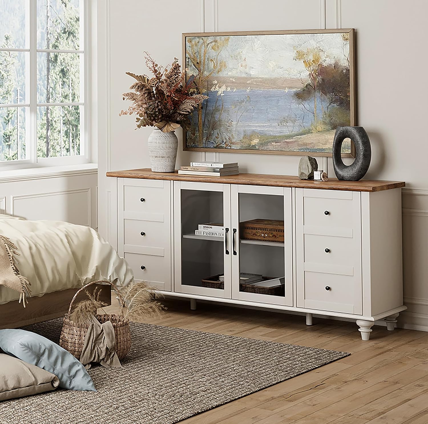 WAMPAT 58" Farmhouse TV Stand for 65" TV, Glass & Wood Universal Cabinets with LED Light, Storage Entertainment Center Console Table