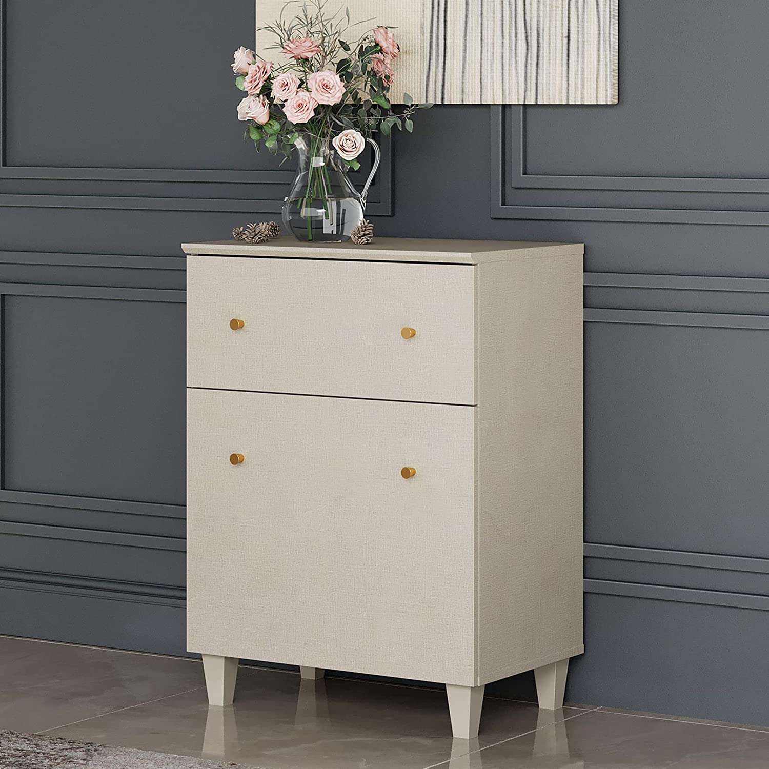 WAMPAT 32.4" H Storage Cabinet for Living Room, Freestanding Wood Accent Cabinets for Dining Room, Entryway, Beige Fabric Texture Finish