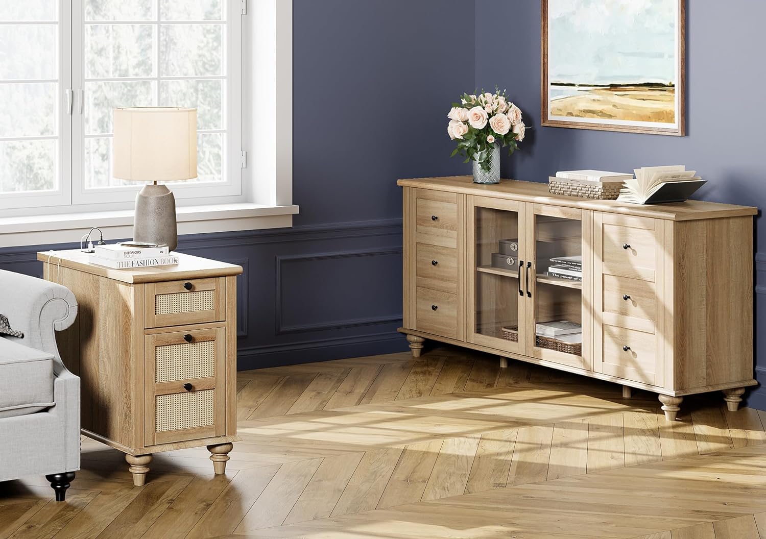 WAMPAT End Table with Charging Station, Wood Side Sofa Table Rattan Weaving Nightstand for Living Room Bedroom, Oak