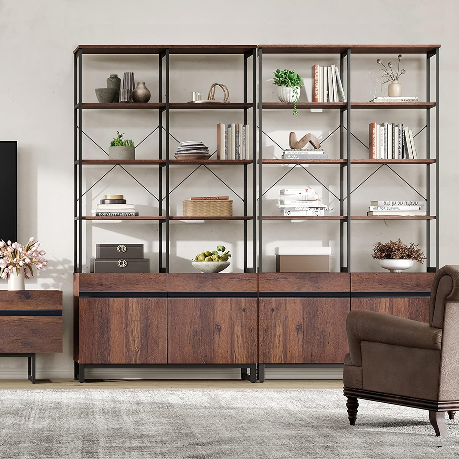 WAMPAT 73" Tall Bookshelf w/Storage Cabinet, Modern Book Shelf Organizers, Industrial Style Bookcases Furniture for Bedroom, Living Room, Home Office