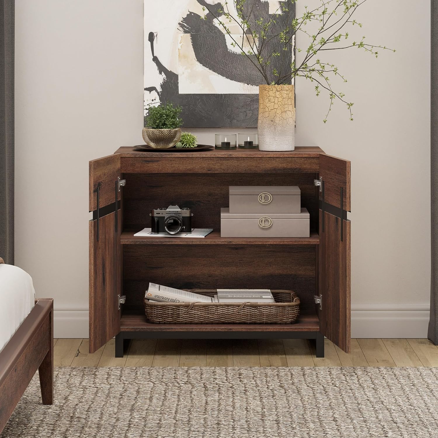 WAMPAT Storage Cabinet, Modern Sideboard with Adjustable Shelf & Metal Base, Coffee Bar Cabinet for Living Room, Brown