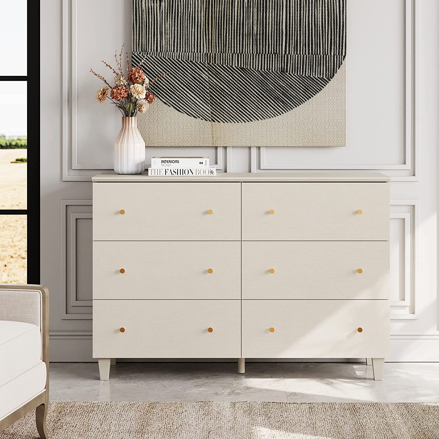 WAMPAT 47" Wooden Wide Chest of Drawers, Modern Closet Storage Organizer Unit, 6 Drawers Dresser for Nursery, Living Room Bedroom, Beige