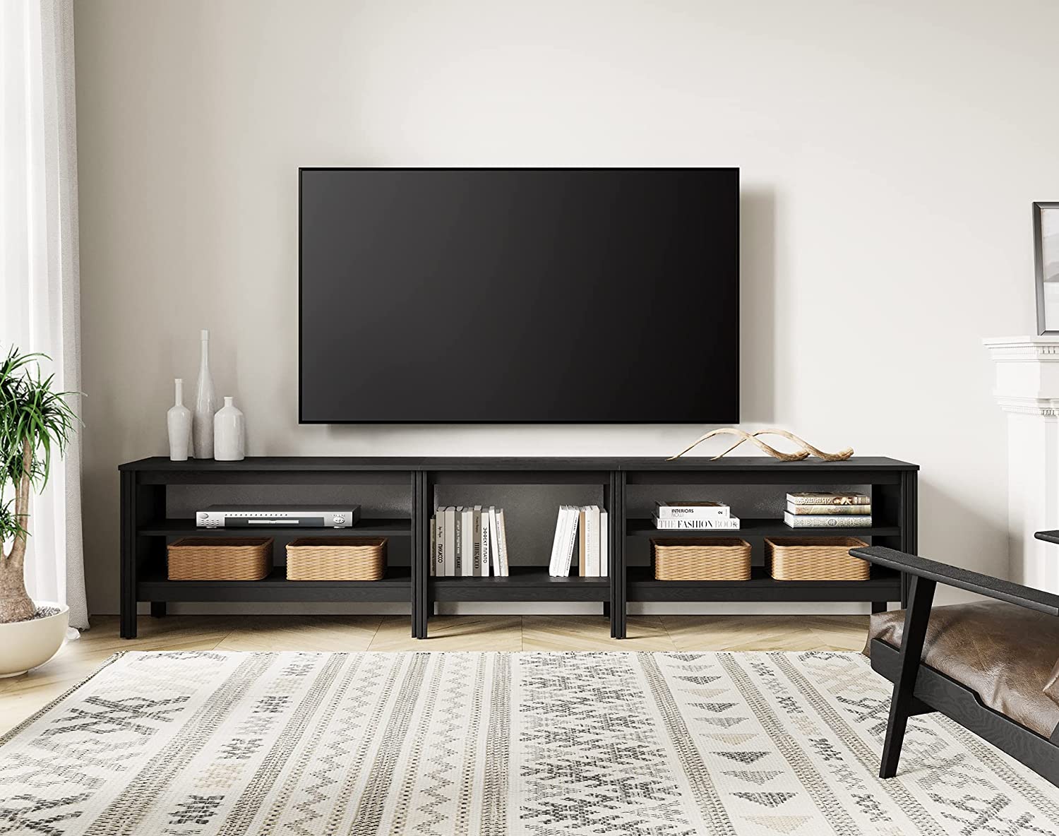 WAMPAT 95" Farmhouse TV Stand for 85 Inch TV, Black Wood Entertainment Center for 80 90 100 inch TV