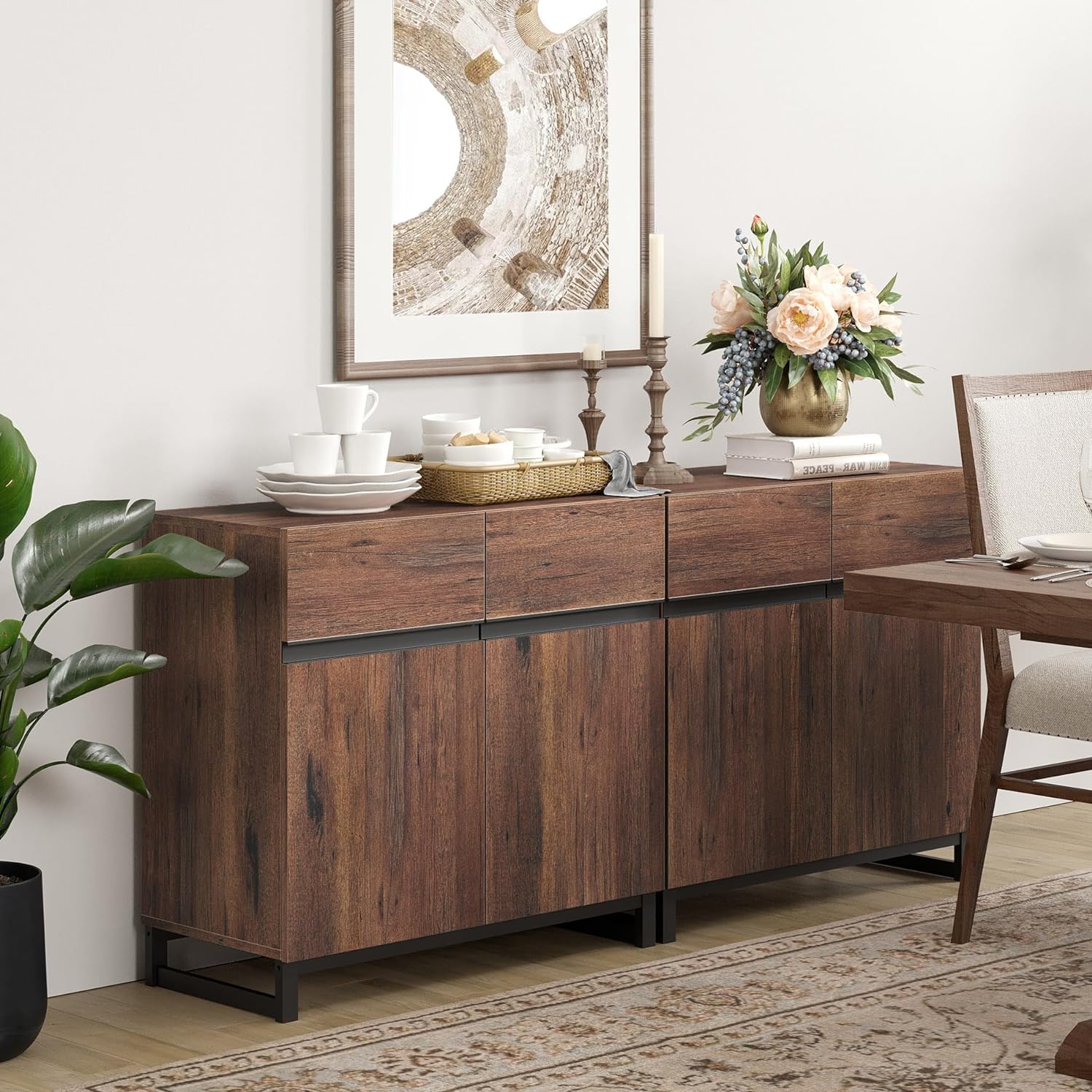 WAMPAT Storage Cabinet, Modern Sideboard with Adjustable Shelf & Metal Base, Coffee Bar Cabinet for Living Room, Brown