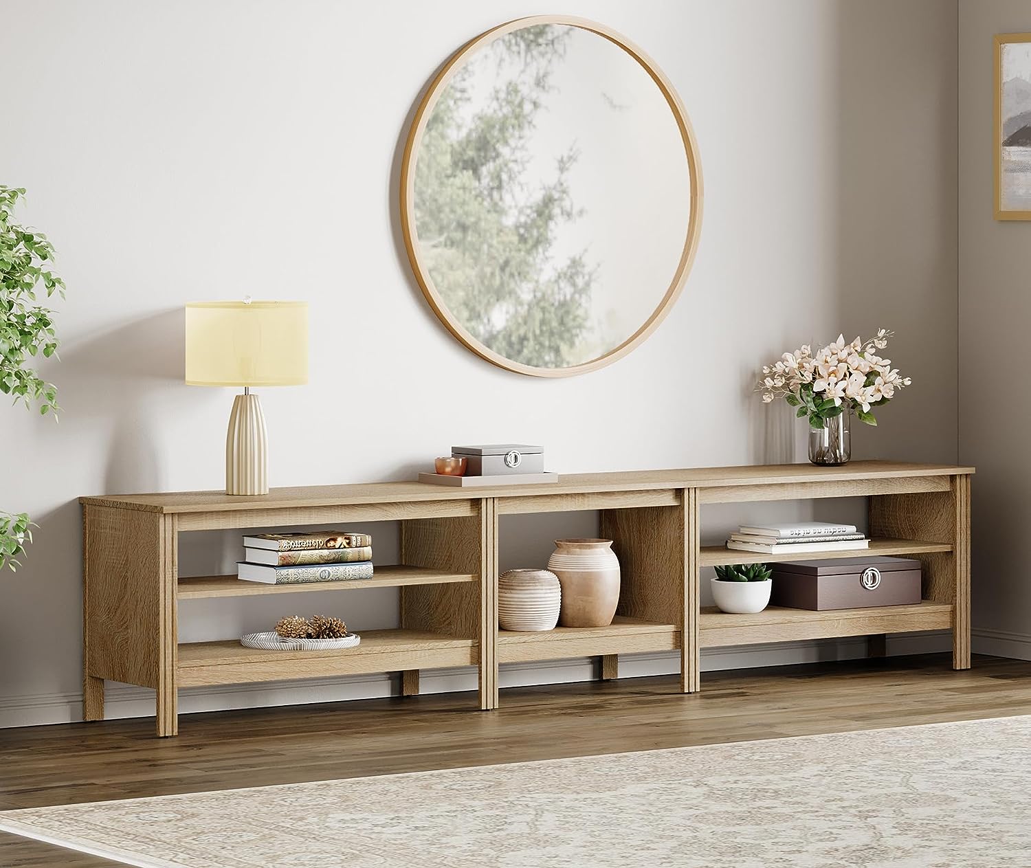 WAMPAT TV Stand for 85 Inch TV, Wood Entertainment Center for 80 90 100 inch TV Console Table for Living Room Bedroom, Oak