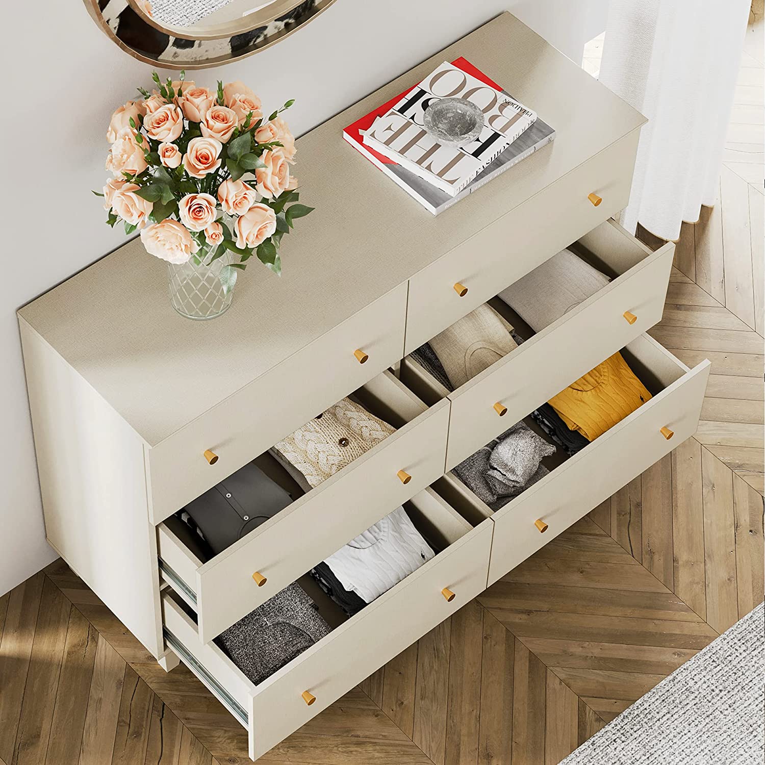 WAMPAT 47" Wooden Wide Chest of Drawers, Modern Closet Storage Organizer Unit, 6 Drawers Dresser for Nursery, Living Room Bedroom, Beige