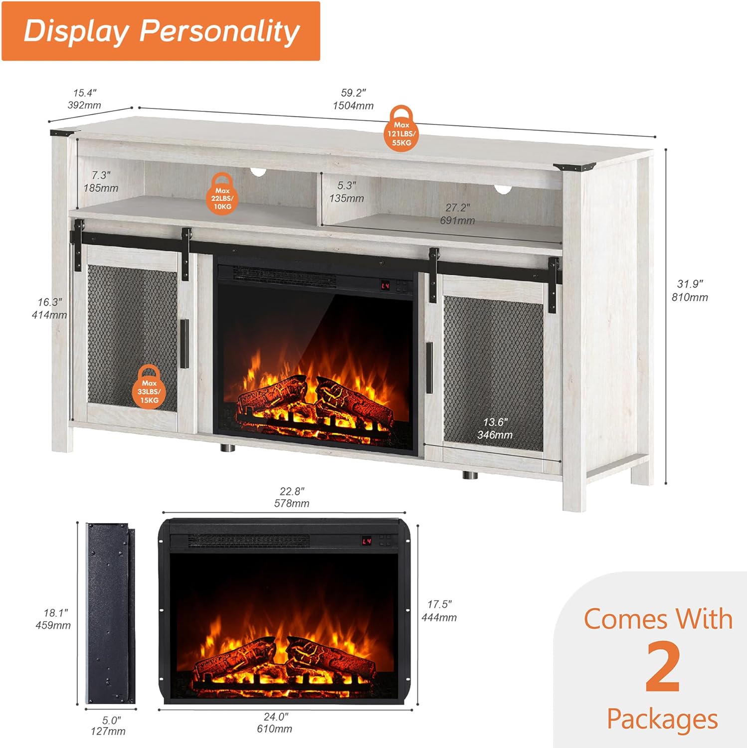 WAMPAT Fireplace TV Stand for 65+ Inch TV, Farmhouse Highboy Entertainment Center with 23" Electric Fireplace