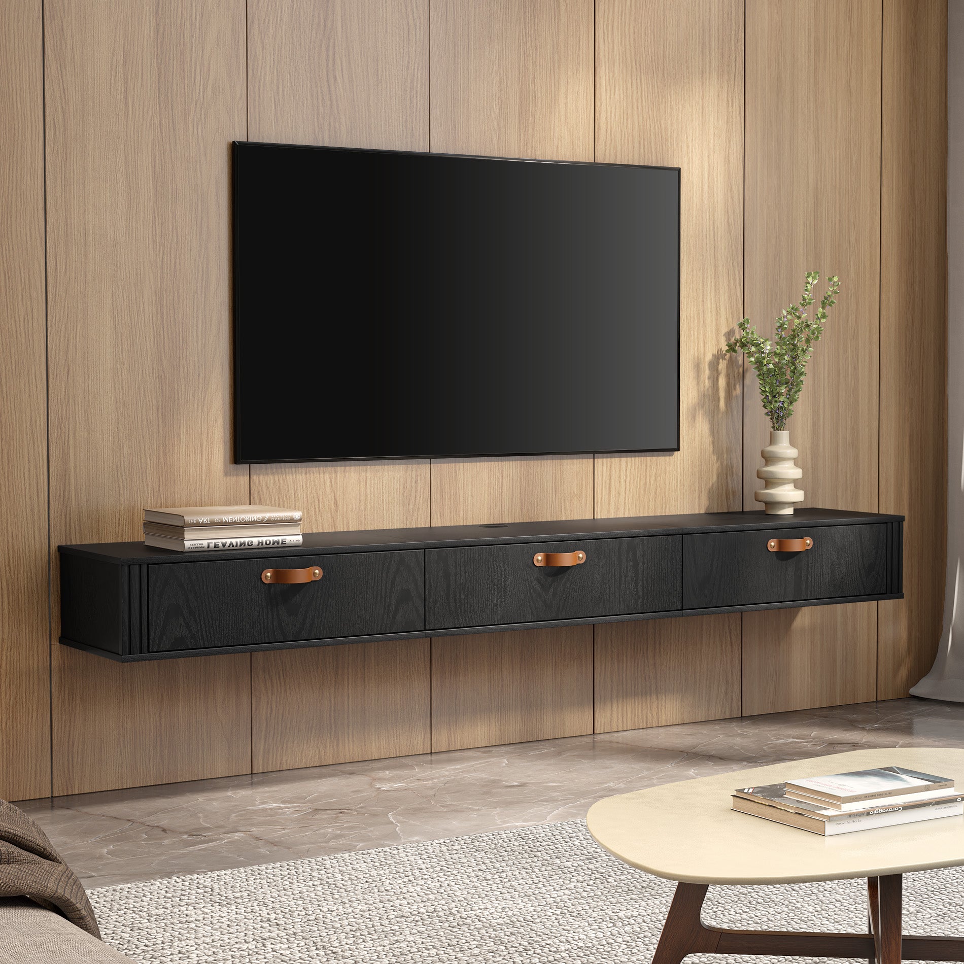 Wampat Floating TV Stand for 80" TVs, Wall Mounted Media Console Entertainment Center with Cabinet, Floating TV Shelf for Living Room, Black
