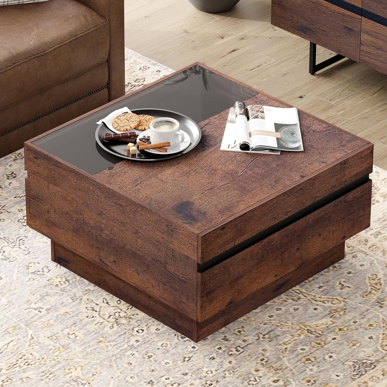 WAMPAT Modern Coffee Table, Square Living Room Tables with Tempered Glass Top and Two Large Storage Drawers, 31.5"x 31.5", Brown