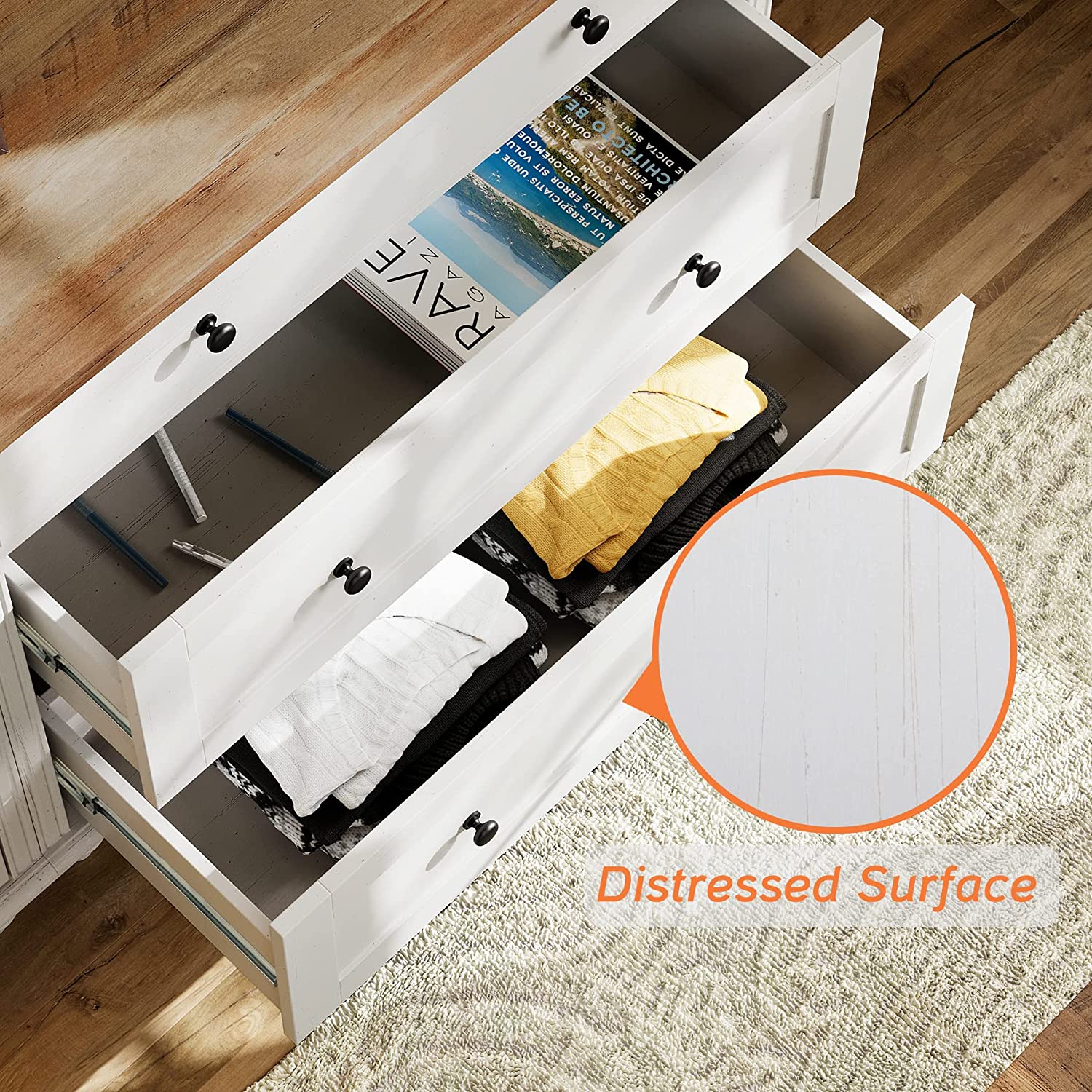 WAMPAT 100" TV Stand for 85 Inch TV, Wood Dresser with 5 Drawers and 4 Storages, Wooden Closet Dresser for Bedroom Living Room, Off White