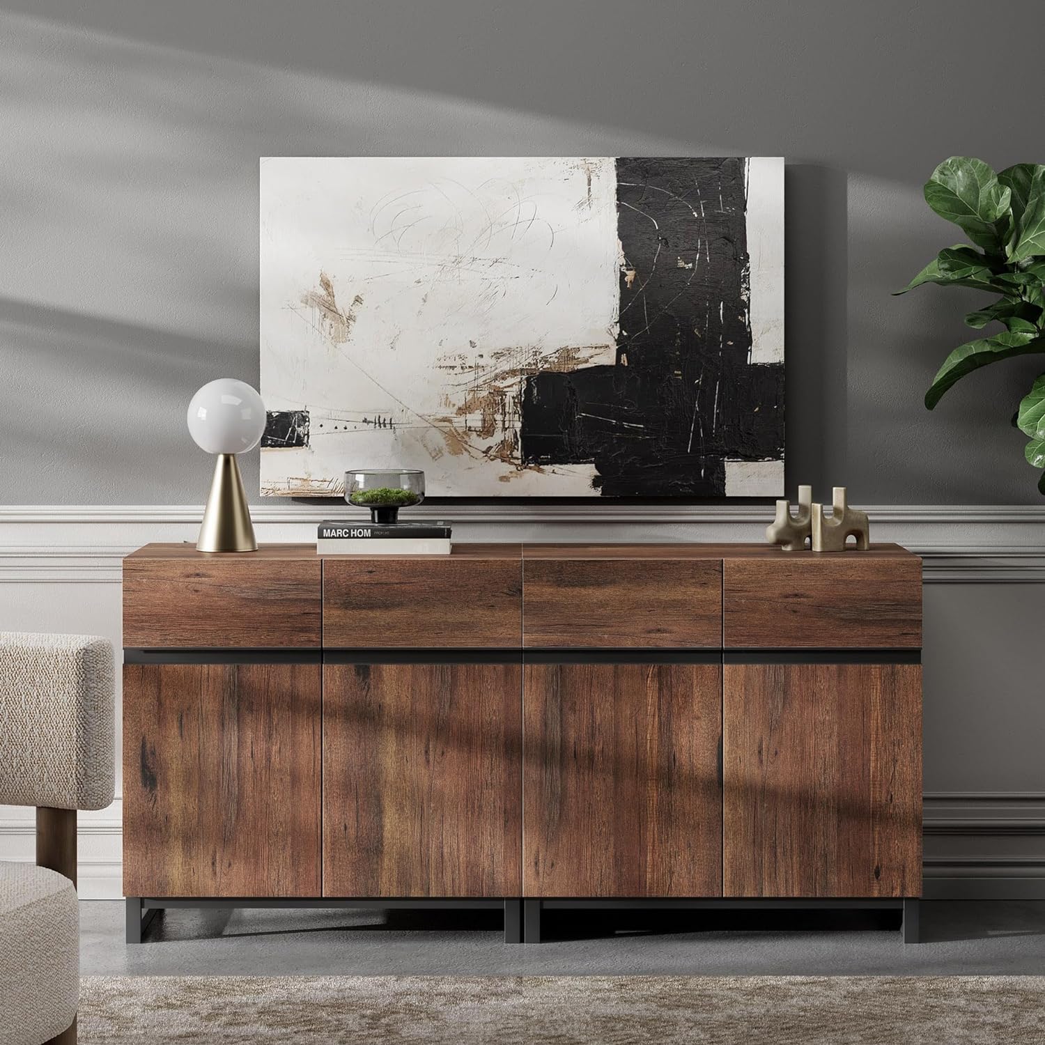 WAMPAT Storage Cabinet, Modern Sideboard with Adjustable Shelf & Metal Base, Coffee Bar Cabinet for Living Room, Brown