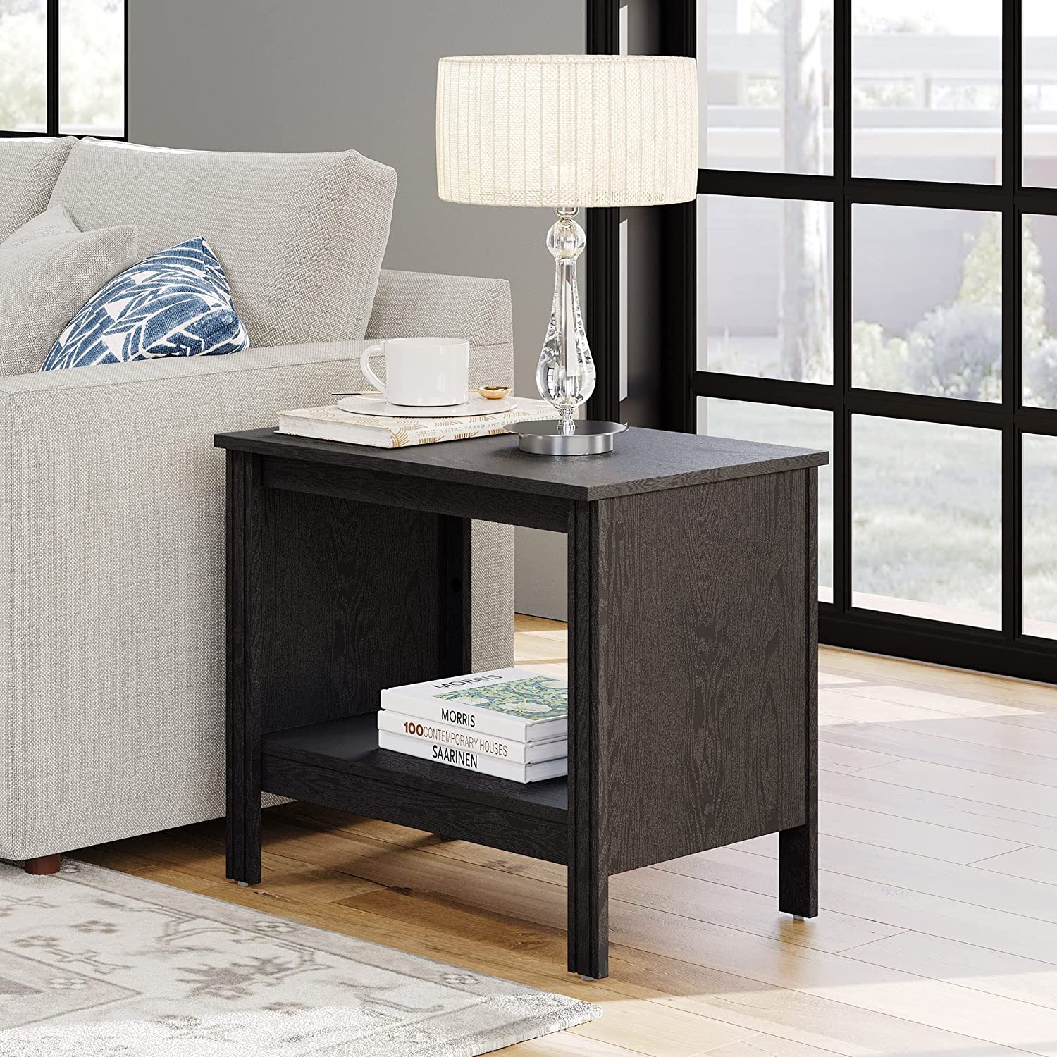 WAMPAT Set of 2 Side Table Small End Table for Bedroom, Wood Nightstand with Storage for Living Room, Office, Black