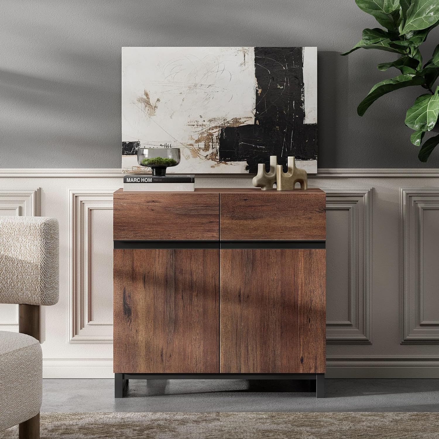 WAMPAT Storage Cabinet, Modern Sideboard with Adjustable Shelf & Metal Base, Coffee Bar Cabinet for Living Room, Brown