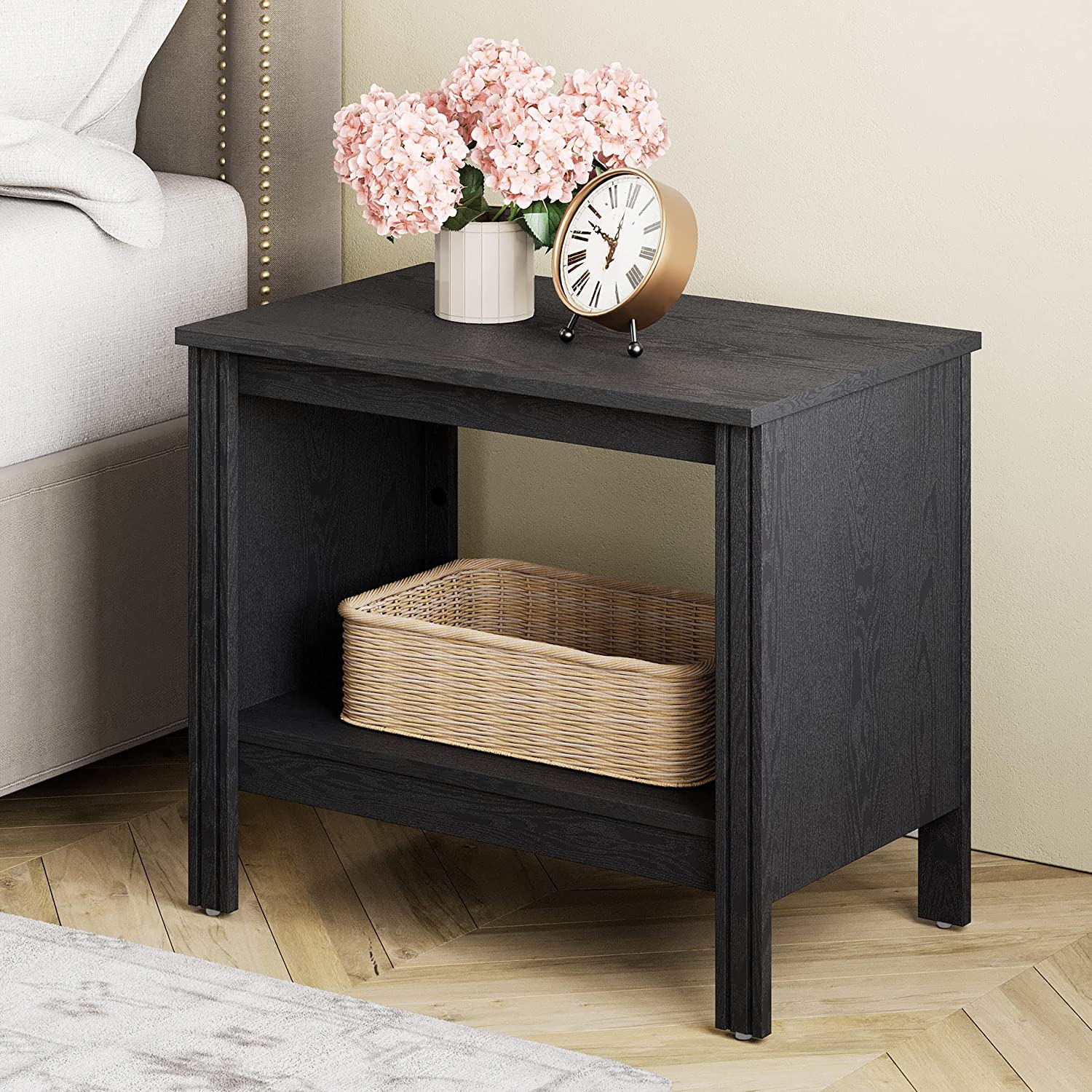 WAMPAT Set of 2 Side Table Small End Table for Bedroom, Wood Nightstand with Storage for Living Room, Office, Black