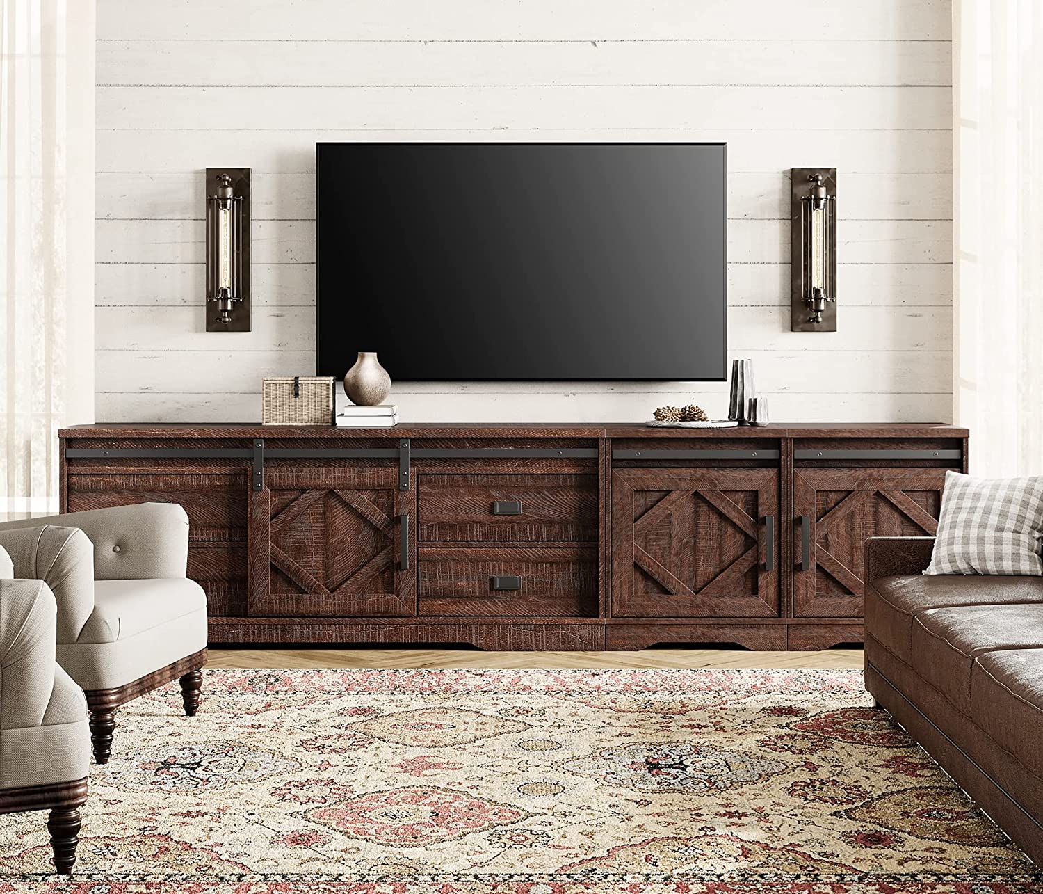 WAMPAT 98" Farmhouse TV Stand for up to 110" TVs Wood TV Cabinet with Drawers and Adjustable Shelf for Living Room, Rustic Brown