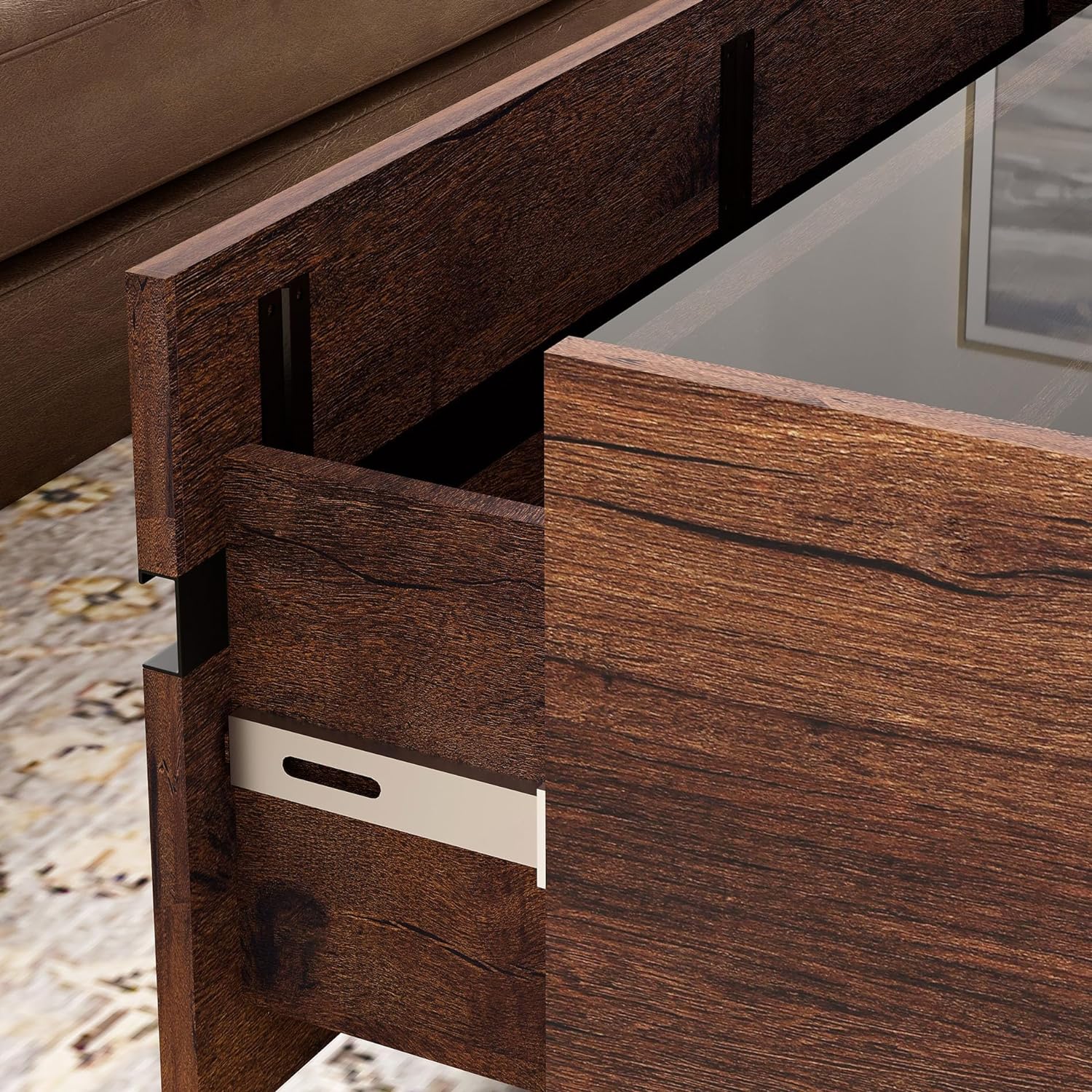 WAMPAT Modern Coffee Table, Square Living Room Tables with Tempered Glass Top and Two Large Storage Drawers, 31.5"x 31.5", Brown