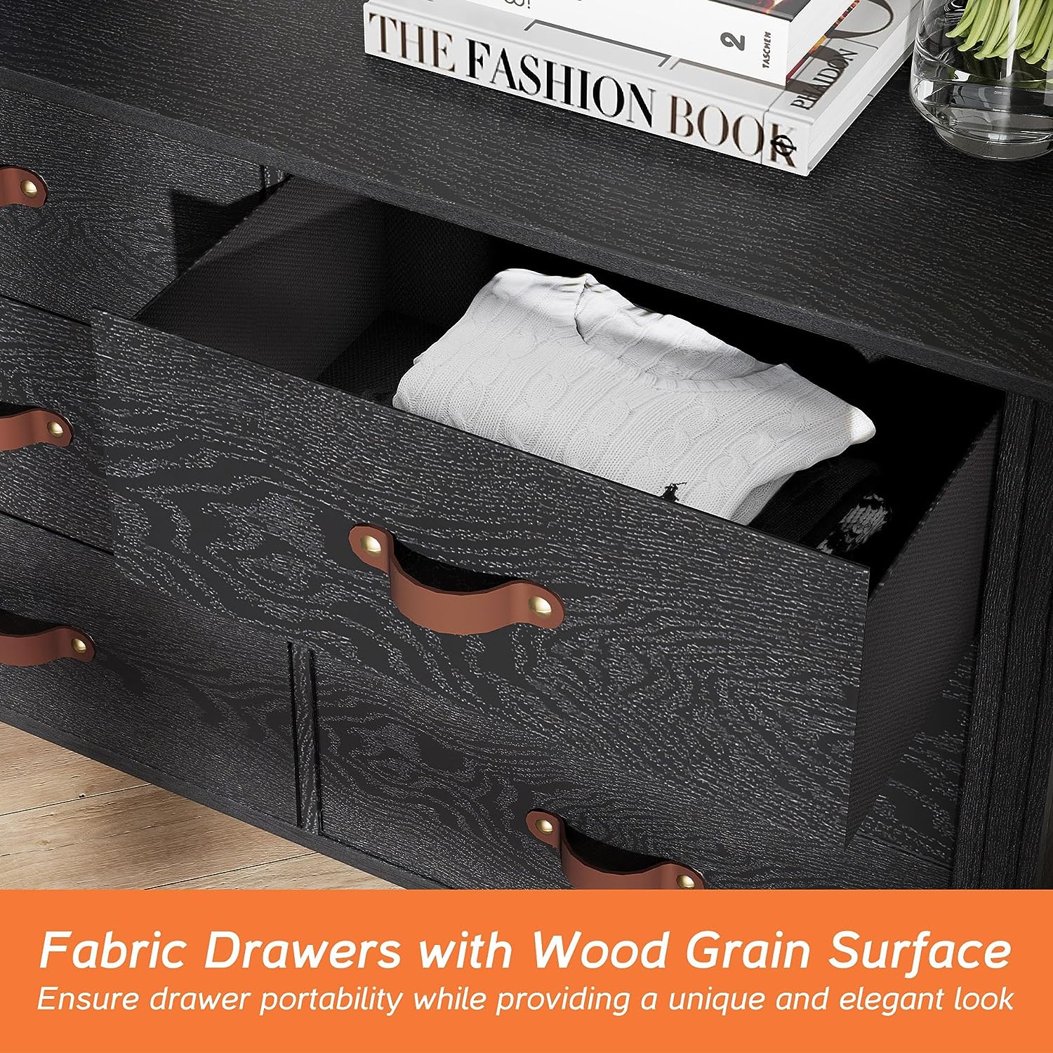WAMPAT Dresser TV Stand, Wood Entertainment Center with 6 Fabric Drawers, Chest of Drawers for Living Room, Bedroom, Hallway