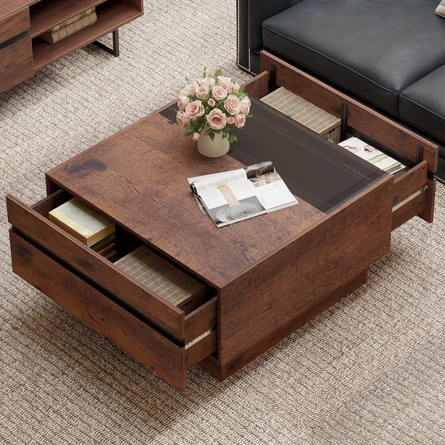 WAMPAT Modern Coffee Table, Square Living Room Tables with Tempered Glass Top and Two Large Storage Drawers, 31.5"x 31.5", Brown