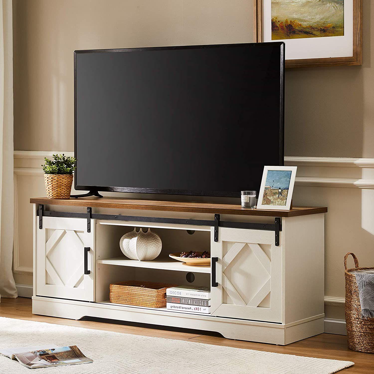 WAMPAT Modern Farmhouse TV Stand for up to 85" TVs Wood Entertainment Center with Open Storage for Living Room, Cream White