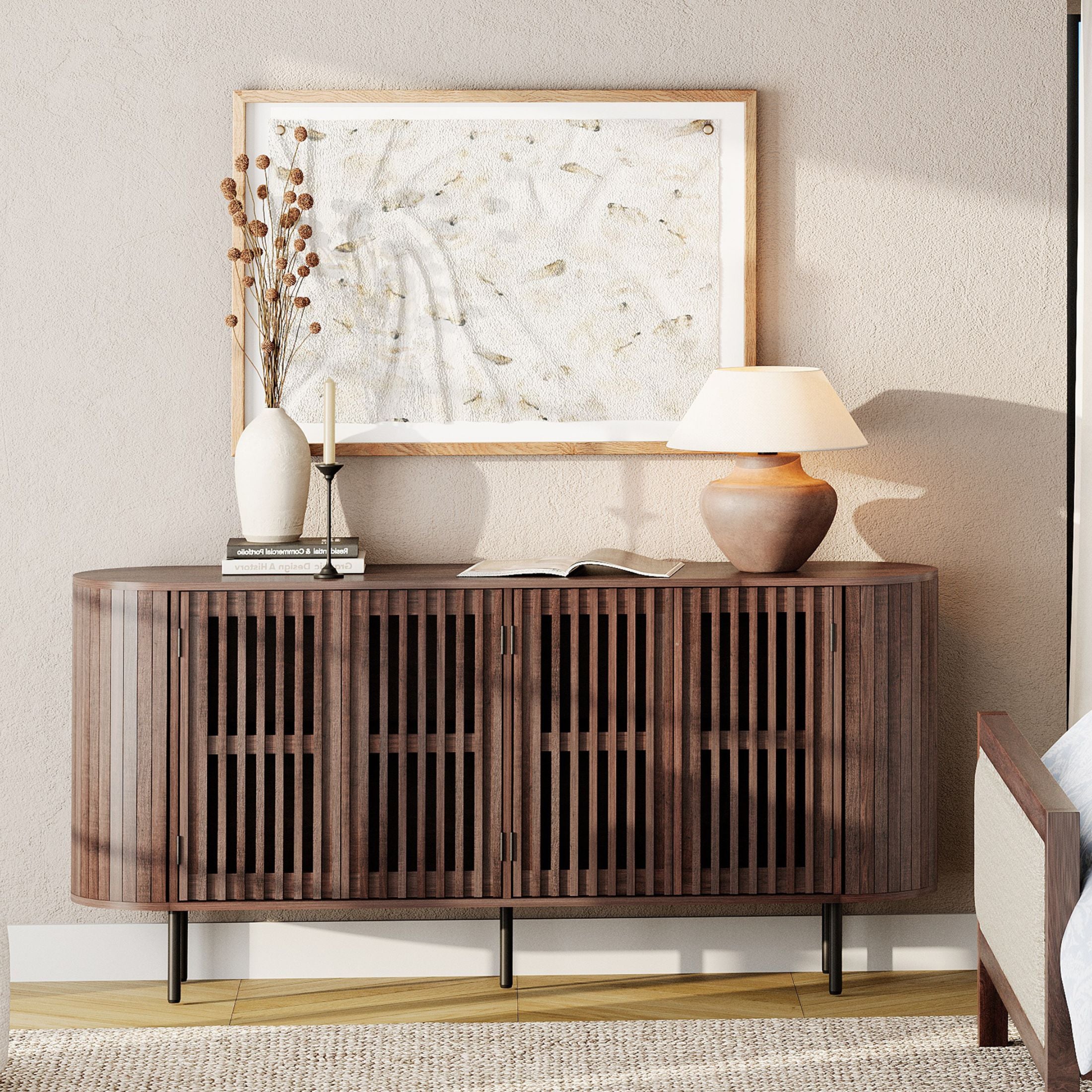 WAMPAT 64" Kitchen Buffet Sideboard Cabinet, Coffee Bar Storage Cabinet with Pop-up Doors, Walnut