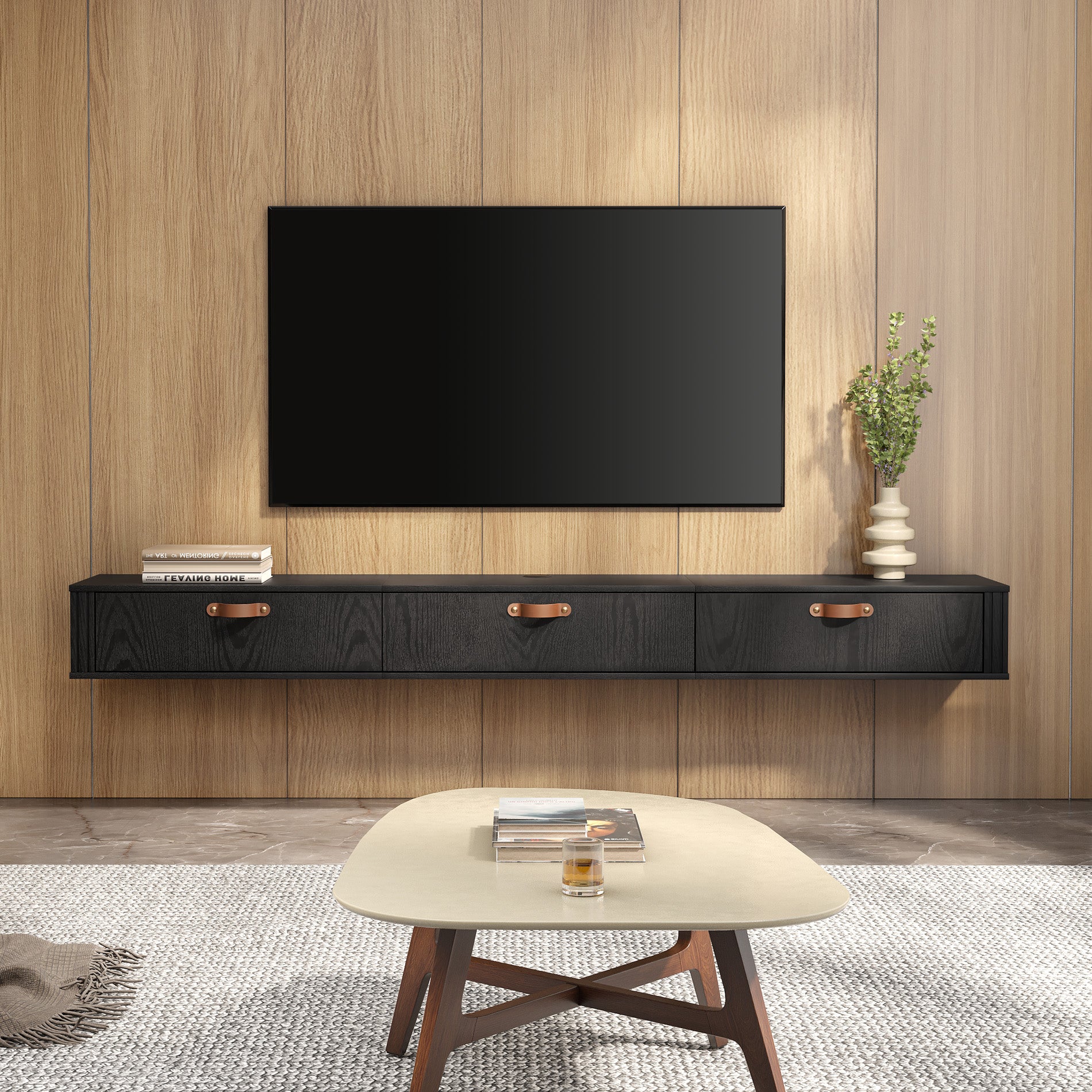 Wampat Floating TV Stand for 80" TVs, Wall Mounted Media Console Entertainment Center with Cabinet, Floating TV Shelf for Living Room, Black