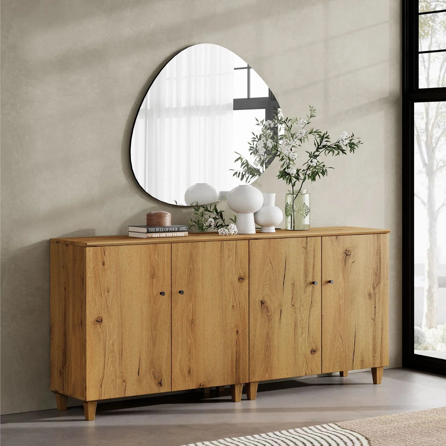 WAMPAT 70" Sideboard Buffet Cabinet, Wooden Credenza Storage Cabinets with 4 Doors, Set of 2 Modern Kitchen Accent Cabinets with 6 Compartments for Living Room, Hallway, Oak Brown
