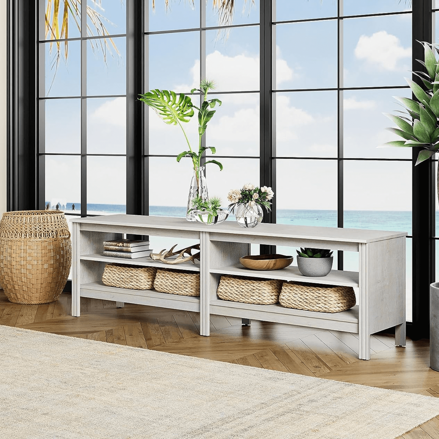 WAMPAT Farmhouse TV Stand for 75 Inch TV, Wood Entertainment Center for 70 65 55 inch TV Console Table for Living Room, White